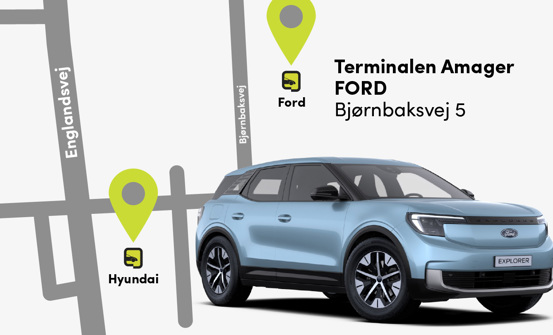 En blå Ford SUV vises foran et kort med markører for Ford på Terminalen Amager og Hyundai på nærliggende gader.