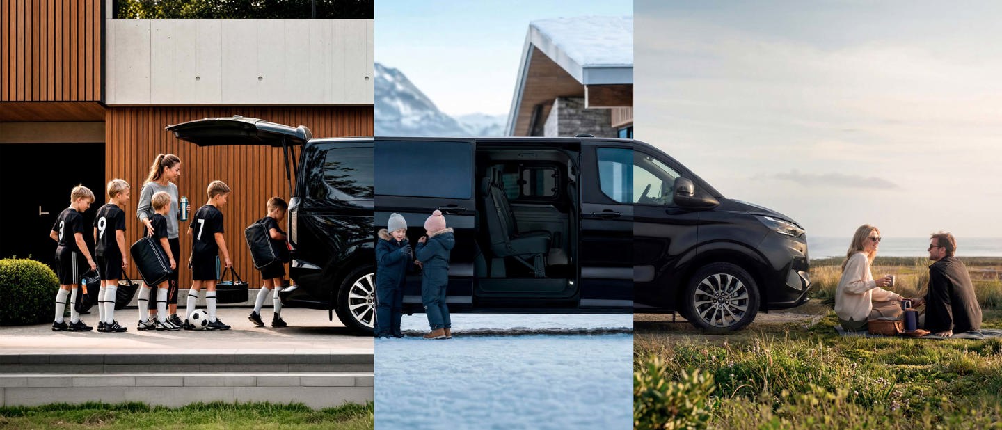 Tre scener viser en minibus til børnenes fodbold, børn, der får hjælp i sneen, og et par, der nyder en picnic ved siden af minibussen.