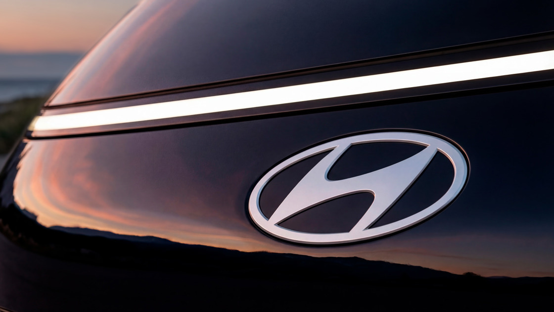 Nærbillede af et Hyundai-logo på fronten af en mørk bil med bløde solnedgangsreflekser over kølerhjelmen.